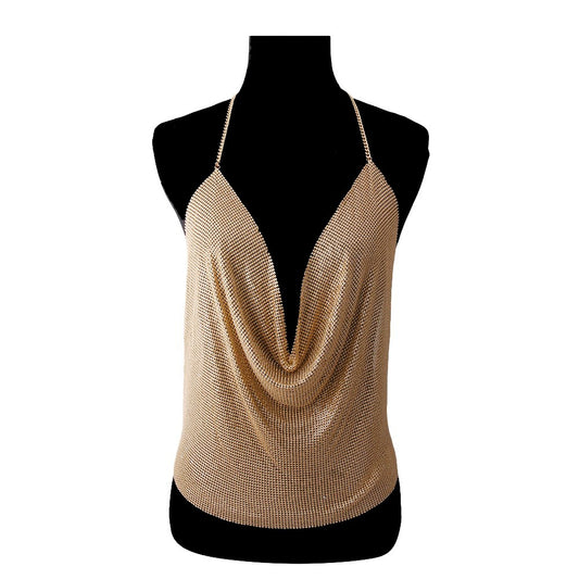 Liquid Mesh Gold Halter Top