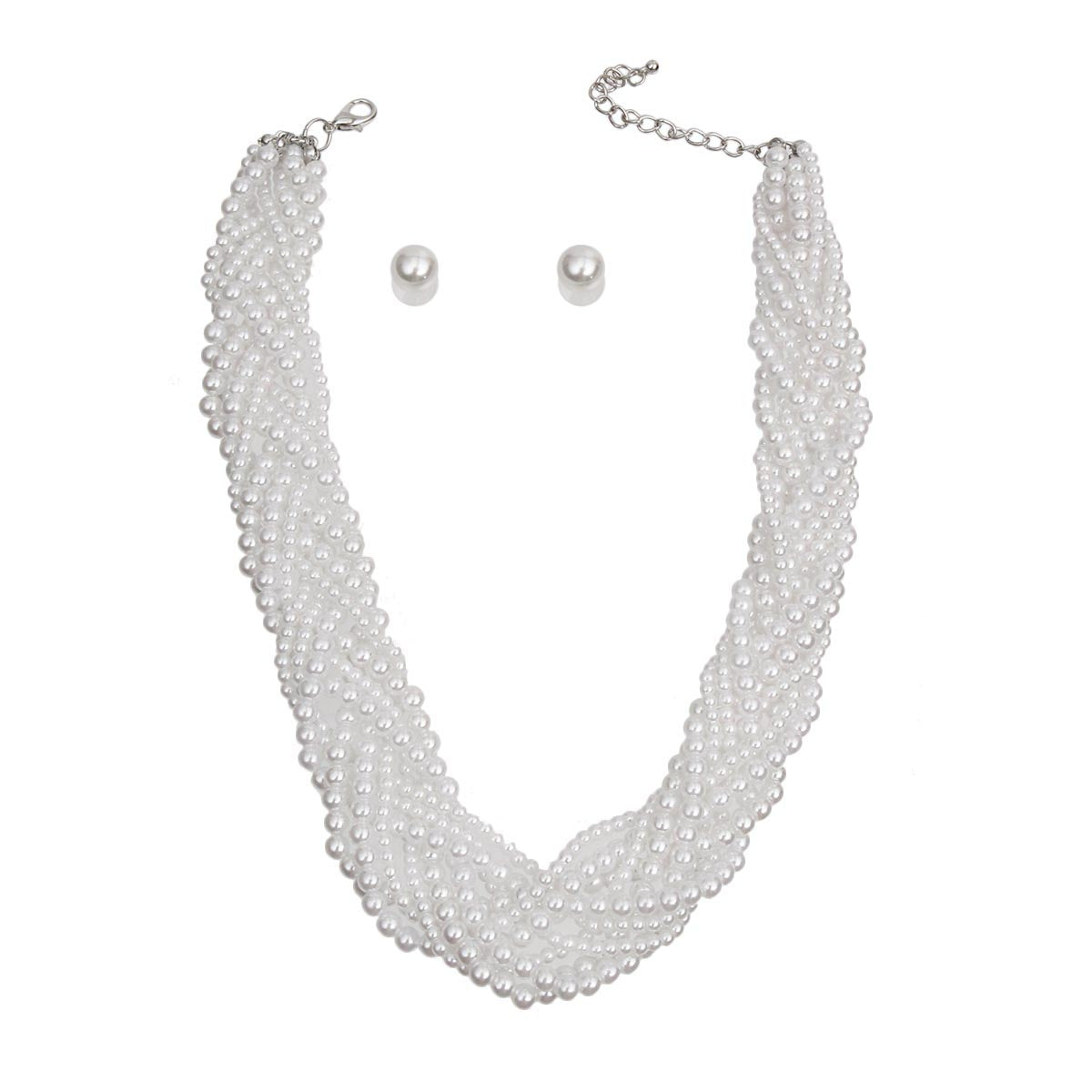 White Pearl Braided Necklace Set