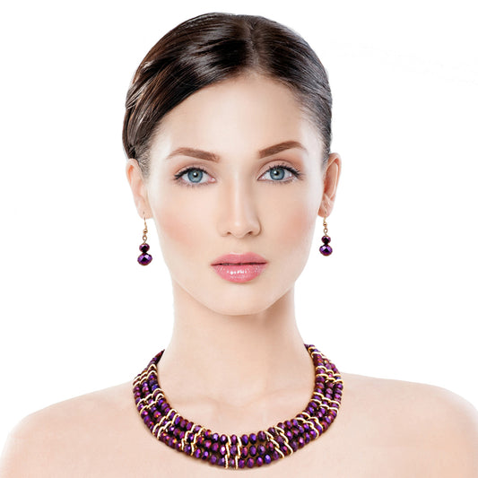 Shiny Purple Bead 3 Row Collar Set