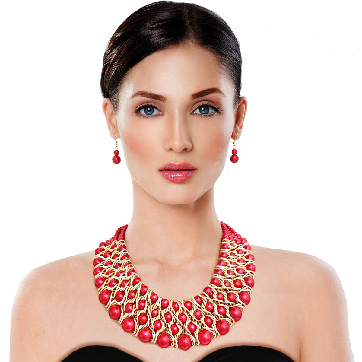 Red Pearl 4 Row Collar Necklace