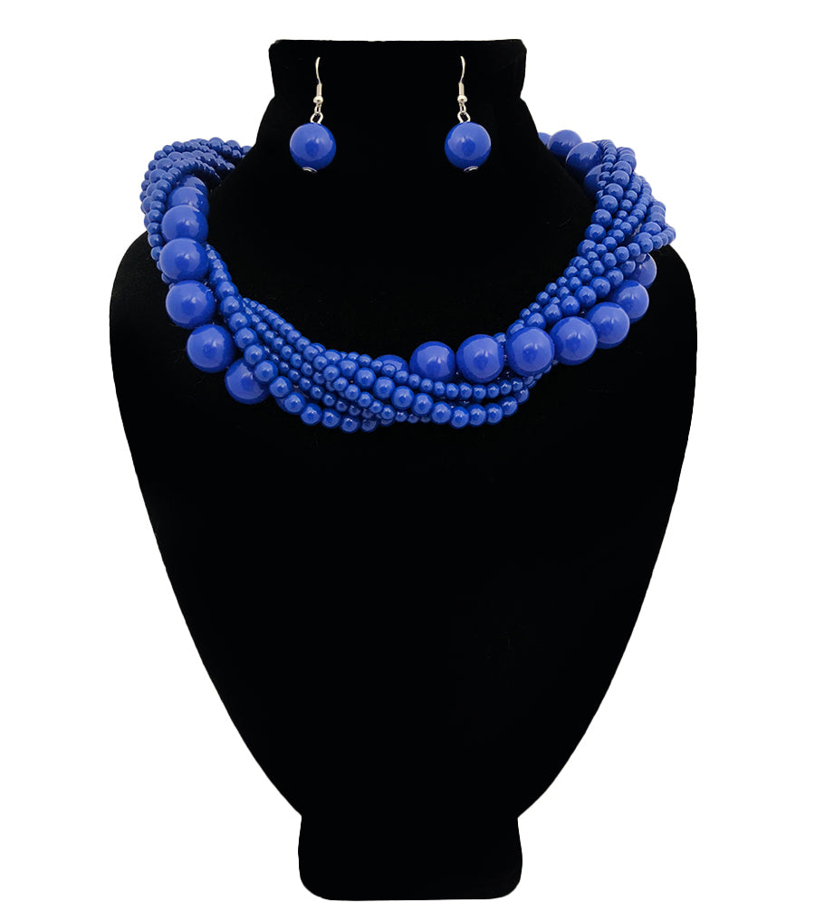 Silver and Royal Blue Bead Twisted Necklace Set