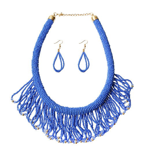 Draped Bead Fringe Necklace Set