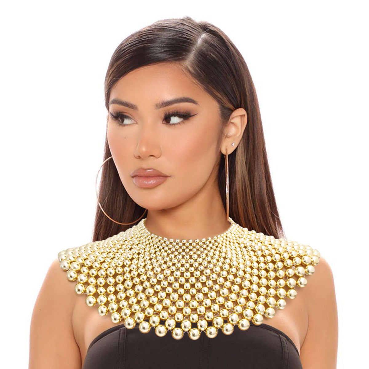 Gold Metallic Pearl Bib Necklace Set