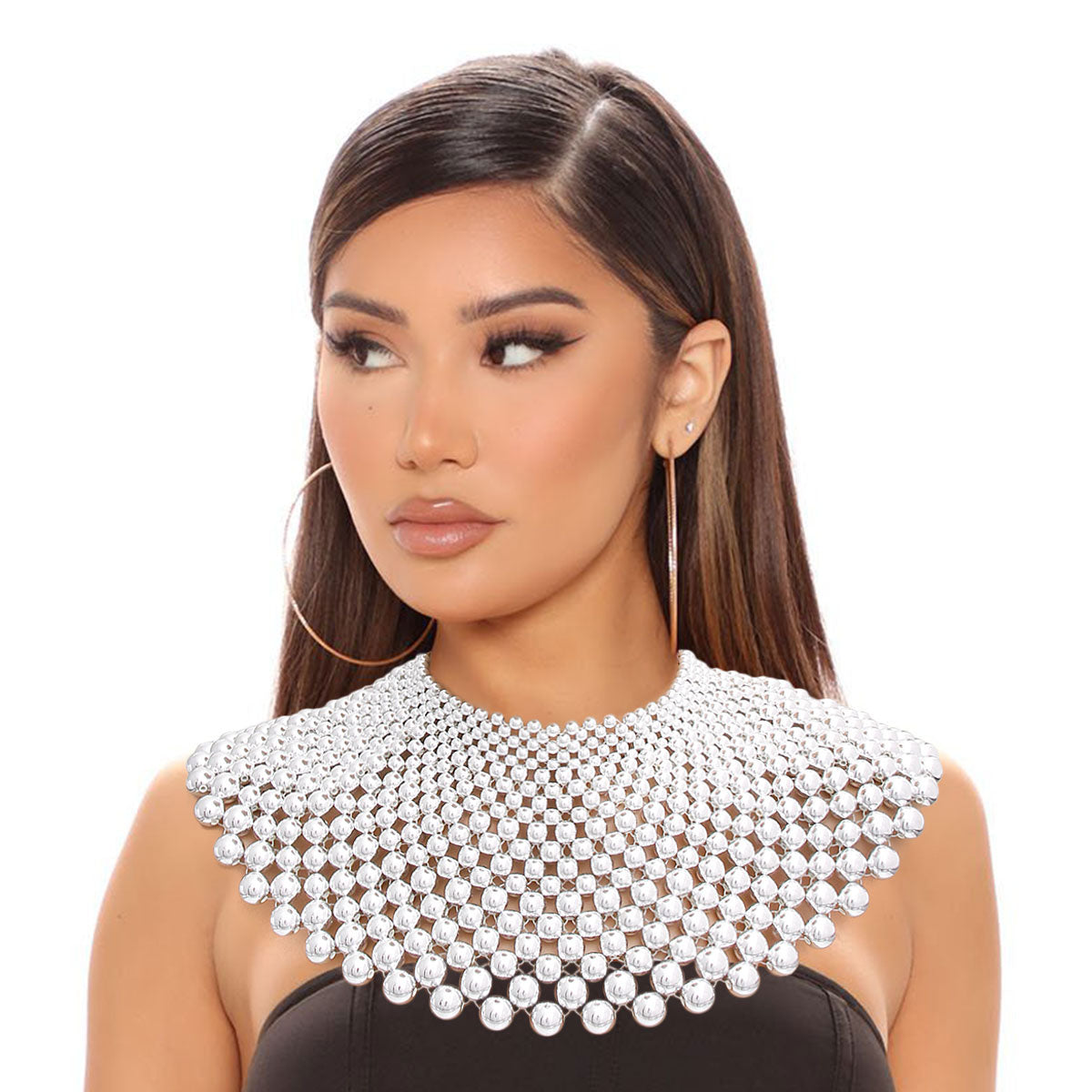 Silver Metallic Pearl Bib Necklace Set