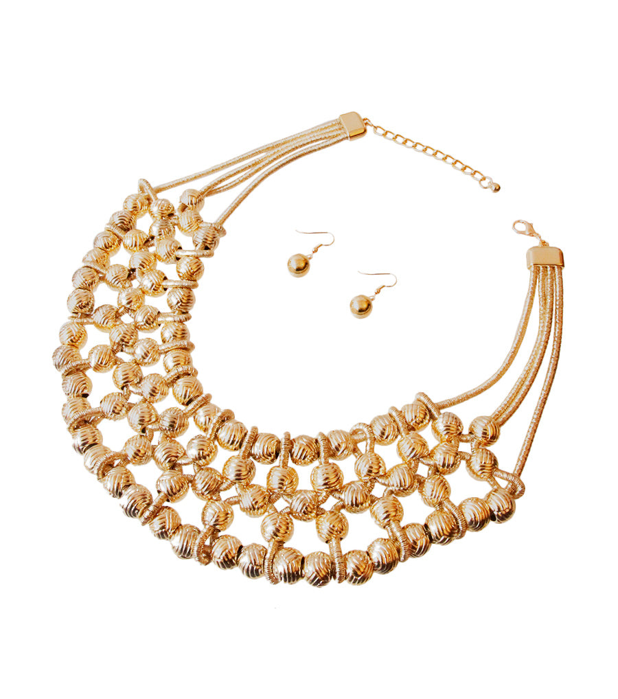 Gold Textured Beads and Woven Cord Necklace Set