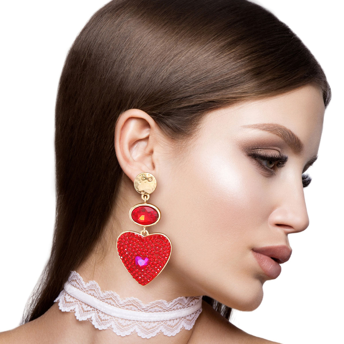 Gold Red Stone Heart Earrings