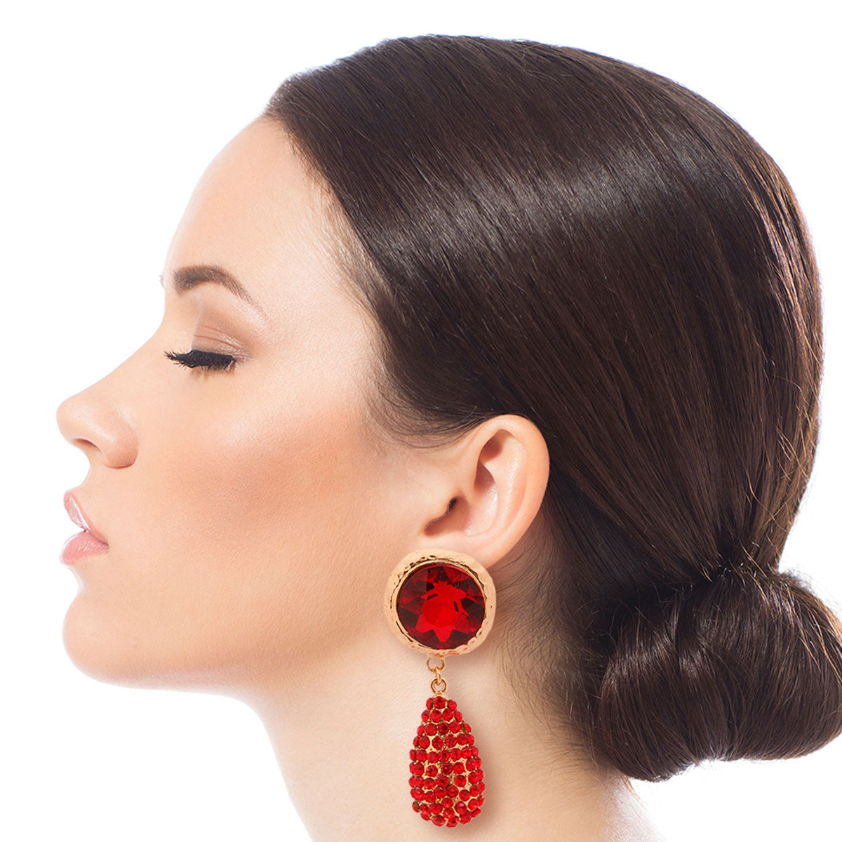 Red Crystal Rhinestone Teardrop Clip Ons