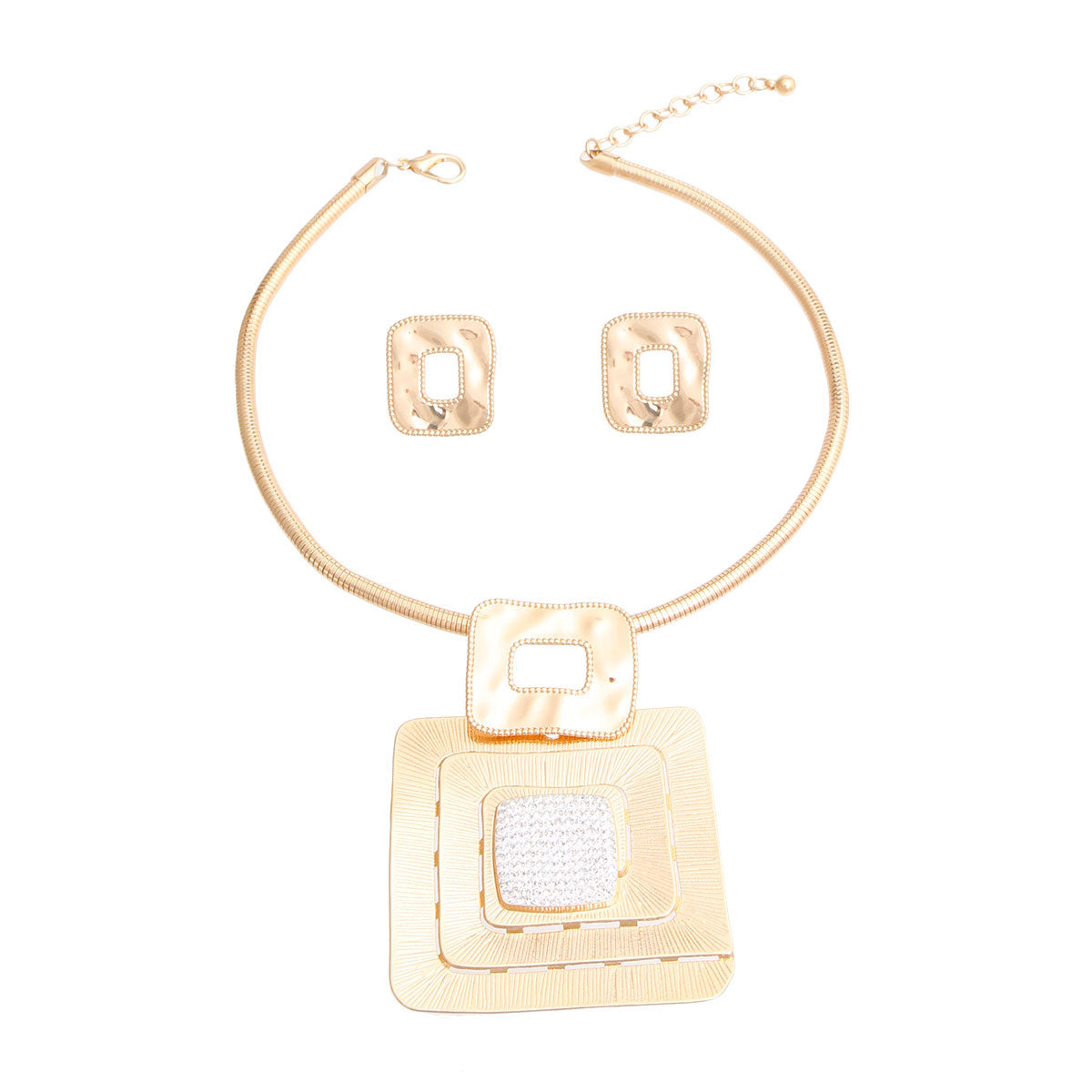 Gold Square Rhinestone Pendant Set