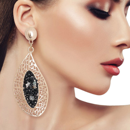 Cut Out Leaf Black Stone Earrings