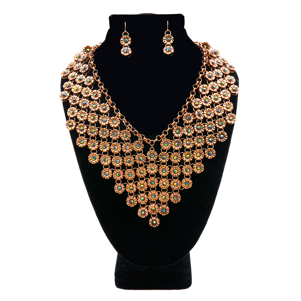 Burnished Gold and Rhinestone Flower Bib Necklace Set