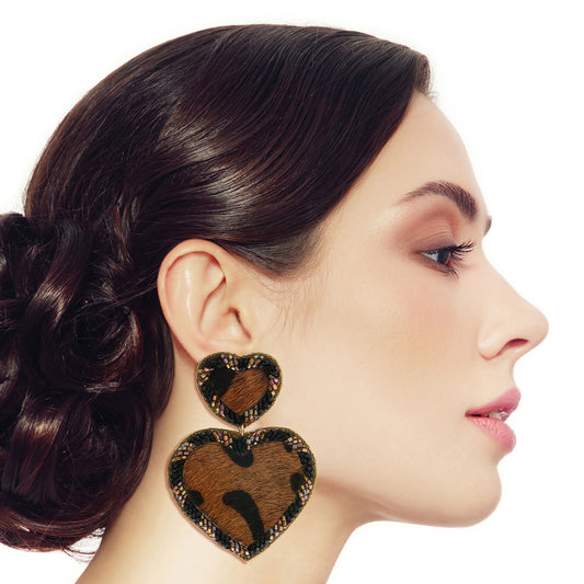 Leopard Fur Bead Heart Earrings