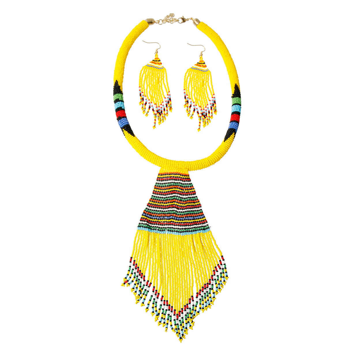 Yellow Bead Tassel Necklace Set