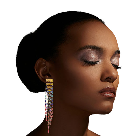 Rainbow Rhinestone Fringe Earrings