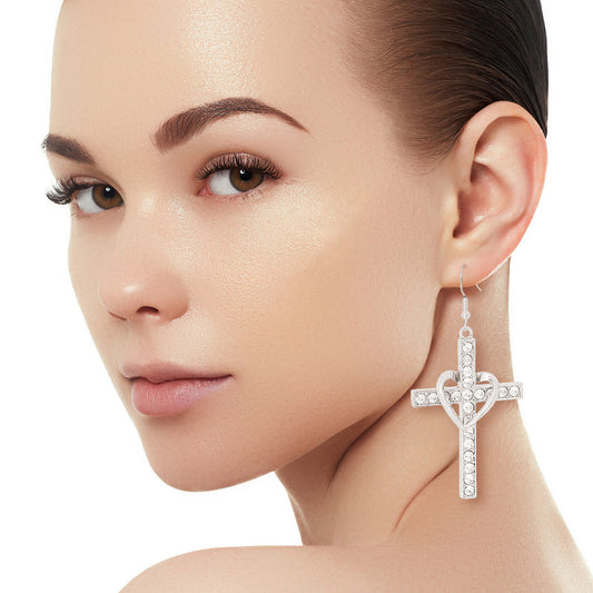 Silver Heart Cross Fish Hook Earrings