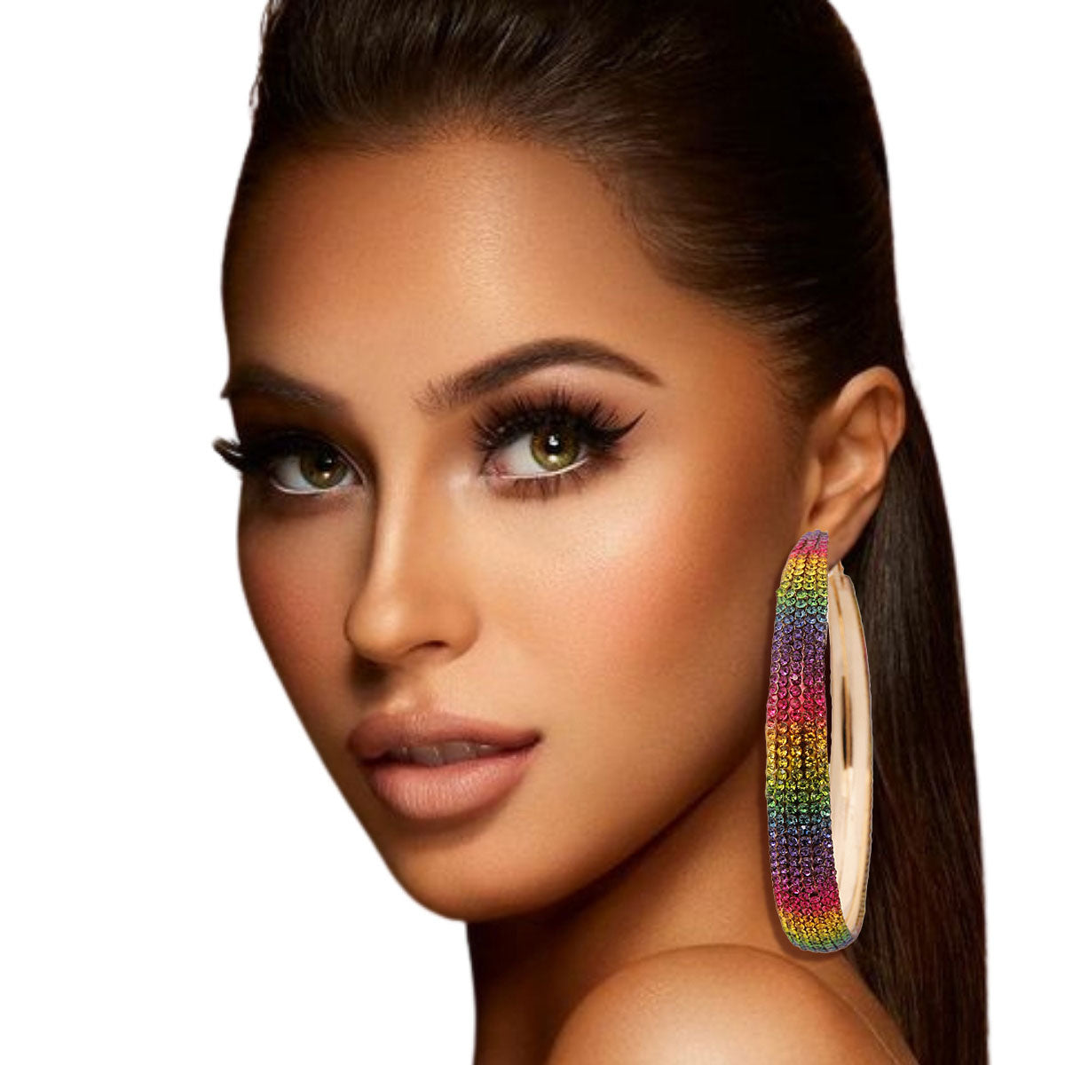 Rainbow Rhinestone Lined Gold Hoops