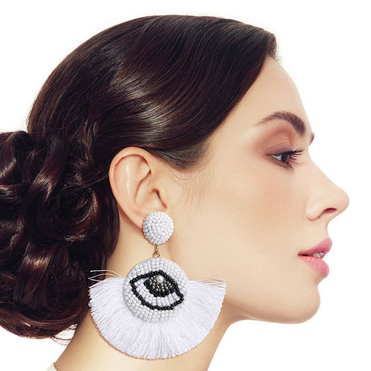 White Beaded Eye Tassel Earrings