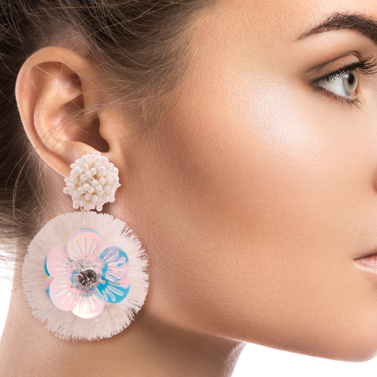 Cream Sequin Flower Tassel Earrings