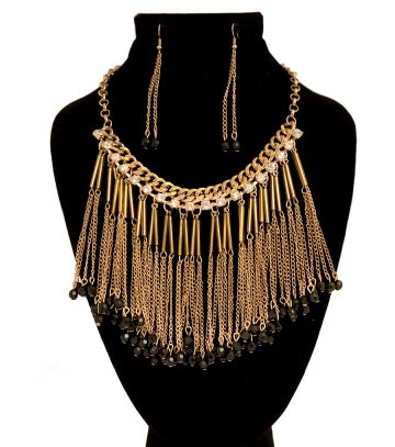 Gold Chain with Rhinestones, Black Beads and Chain Fringe Necklace Set