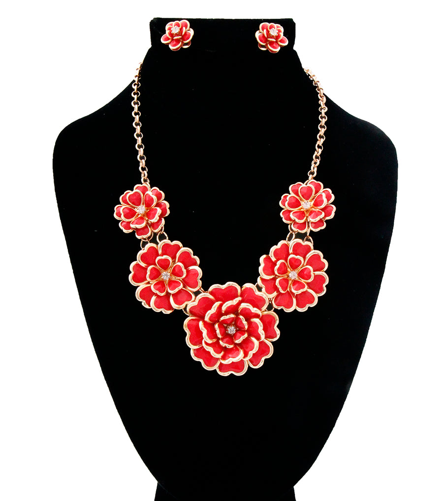 Gold Red Metal Flower Necklace Set