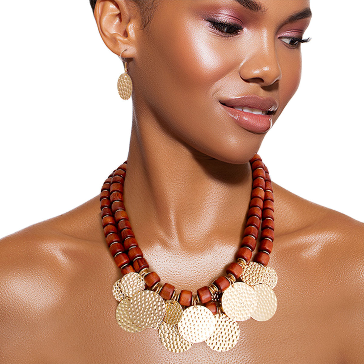 Wooden Brown Bead Disc Necklace