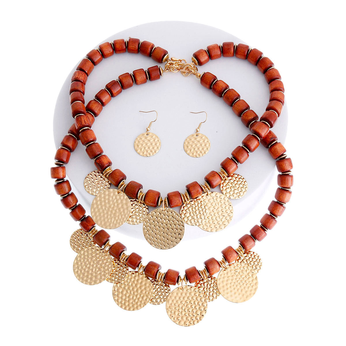 Wooden Brown Bead Disc Necklace