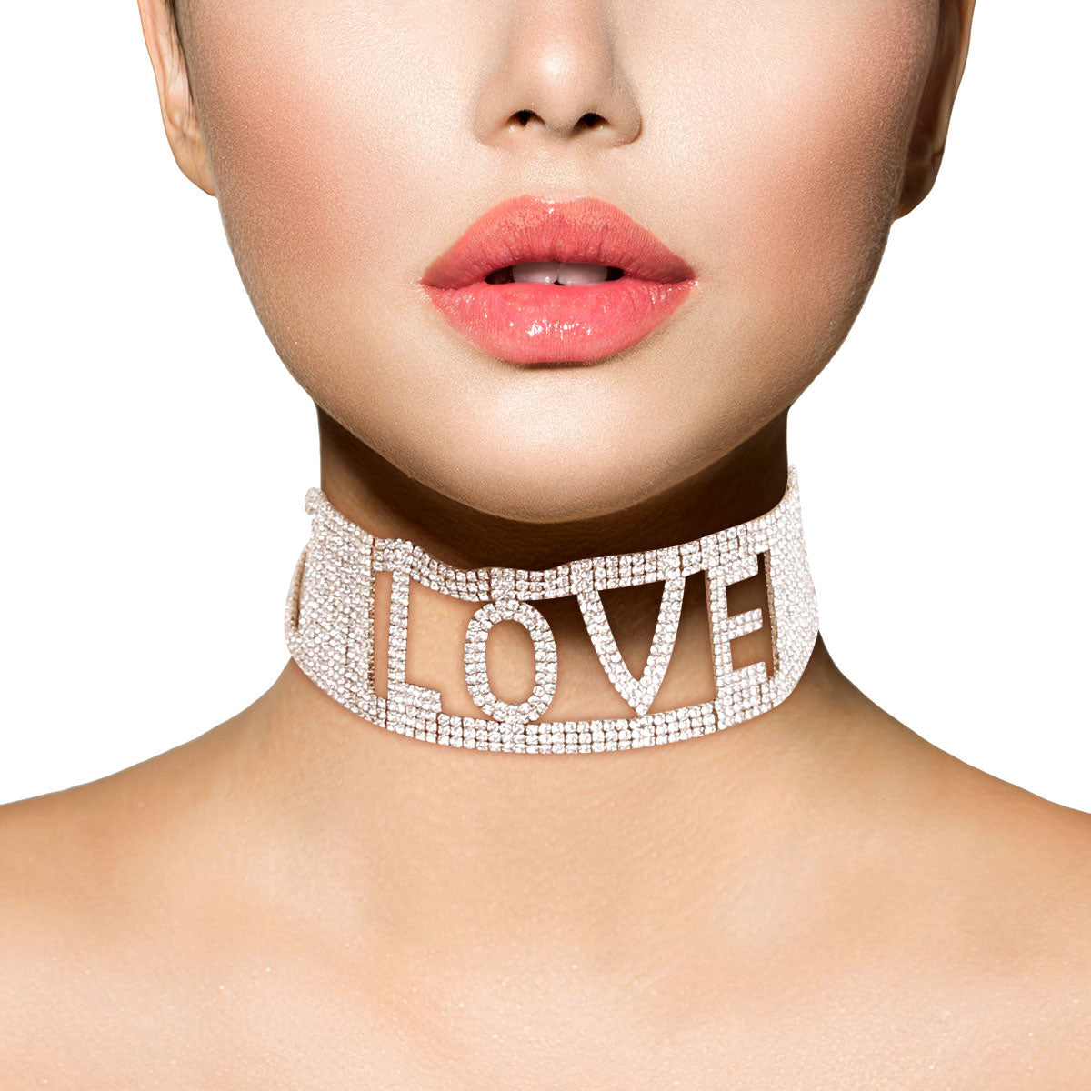 Silver LOVE 18 Row Rhinestone Choker