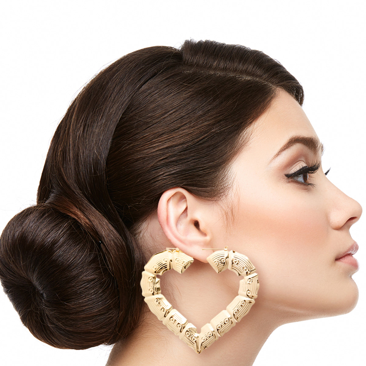 Dozen Gold Heart Bamboo Hoop Earrings