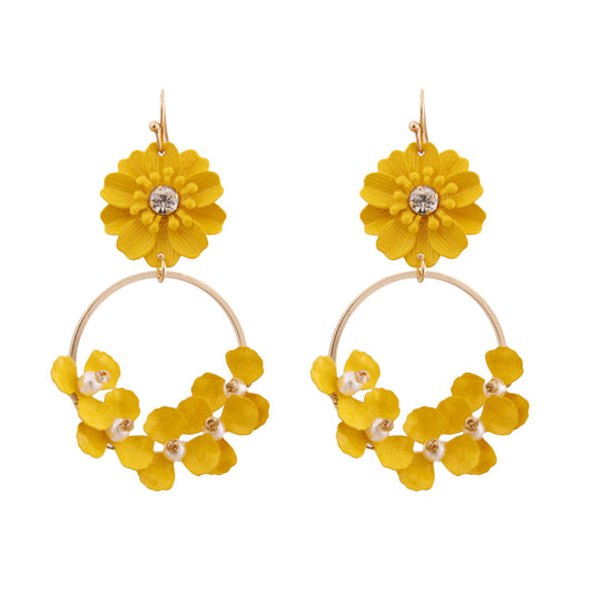 Yellow Flower and Gold Drop Hoop Earrings