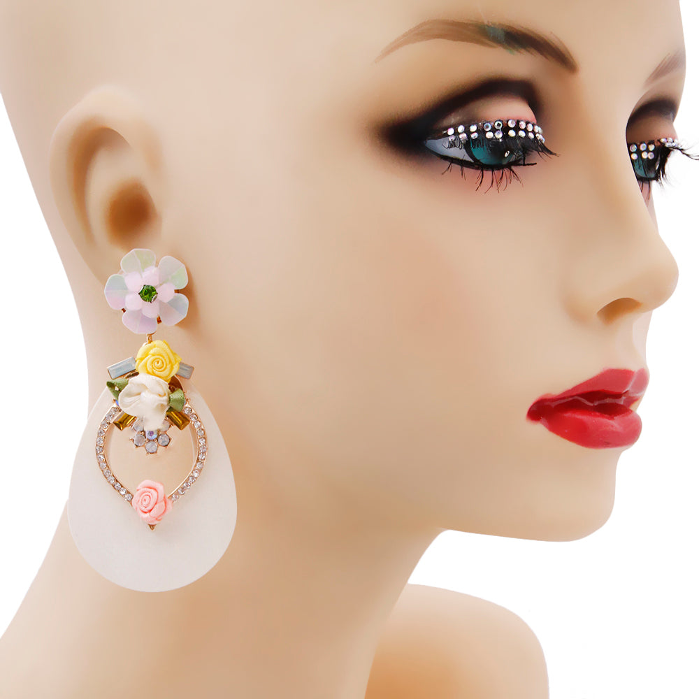 Cream Teardrop Earrings with Rhinestone and Flower Detail