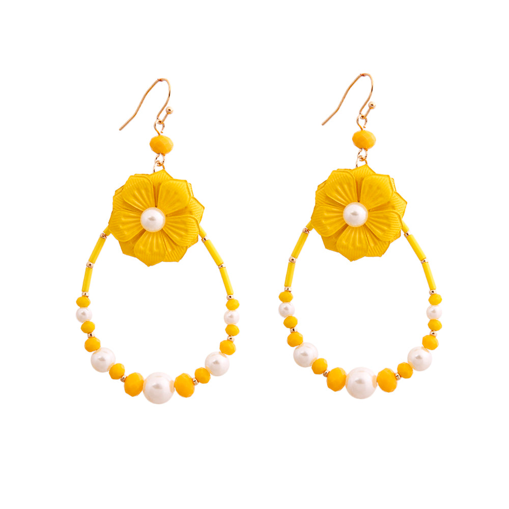 Yellow Flower Teardrop Earrings with Pearl and Bead Detail