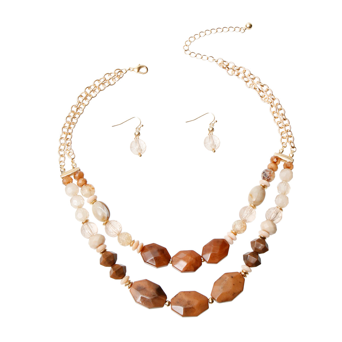 Brown Marble and Stone Bead Layered Necklace Set