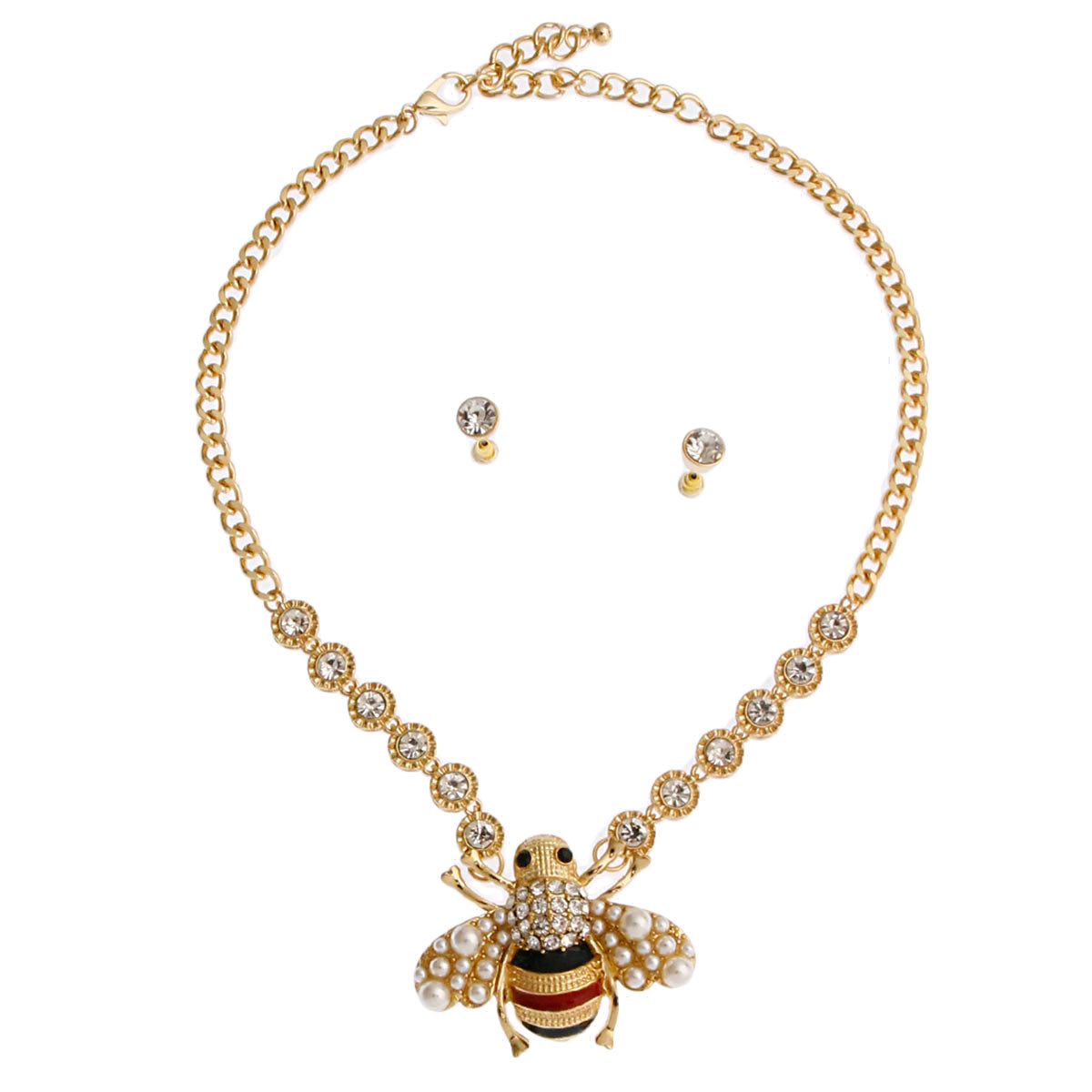 Gold Stone Chain Pearl Bee Necklace