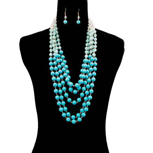 Ombre Turquoise Bead Multi Strand Layered Necklace Set