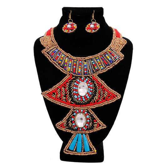 Multi Color Bead and Crystal Bib Necklace Set