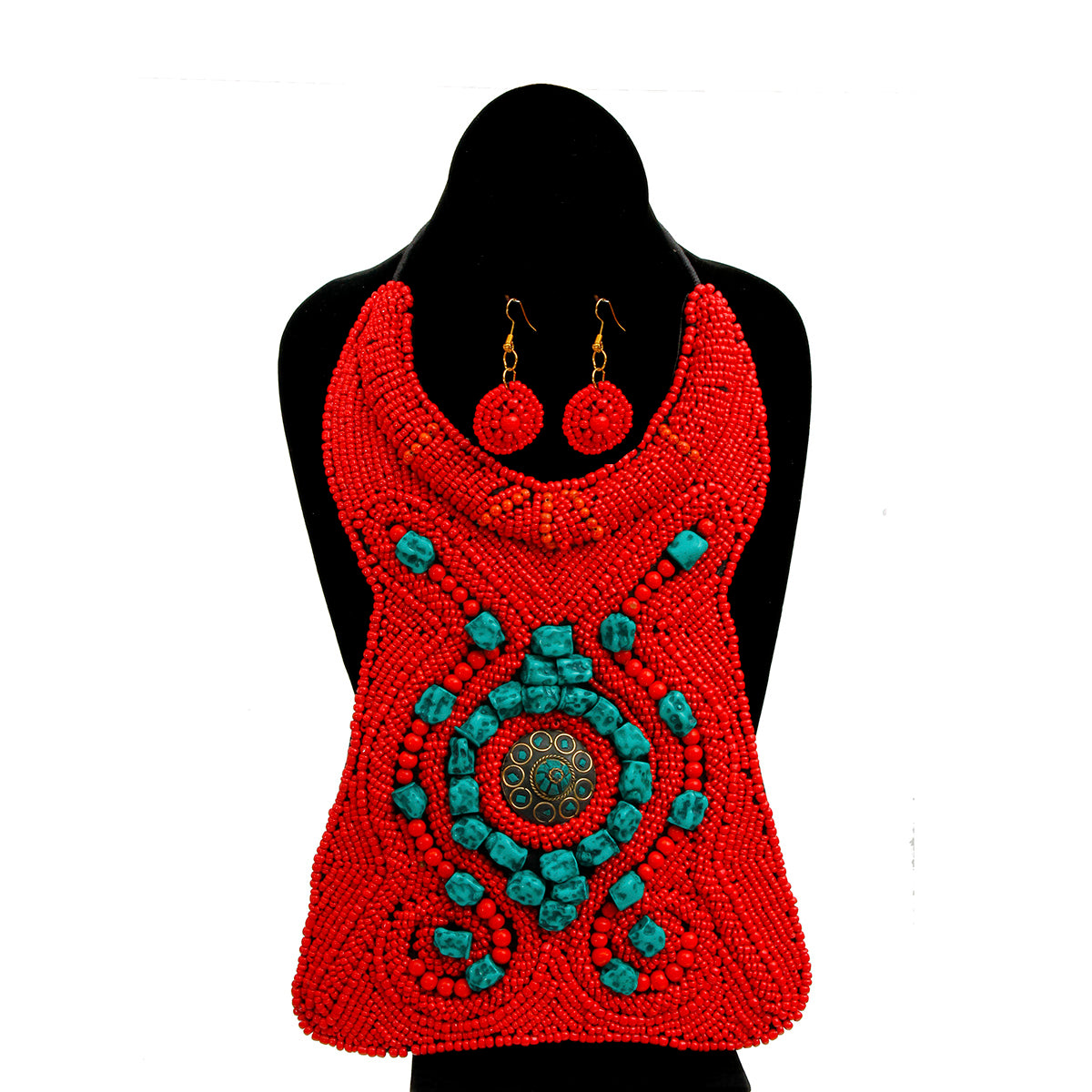 Red and Turquoise Bead Raised Collar Long Bib Necklace Set