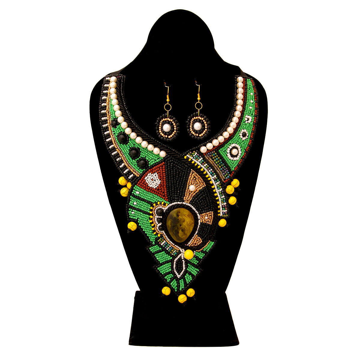 Green and Black Bead Bib Necklace Set