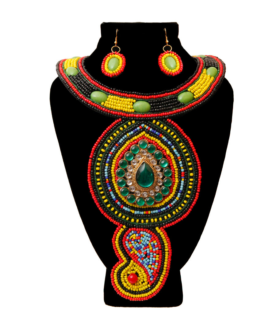 Multi Color Bead with Emerald Crystal Center Bib Necklace Set