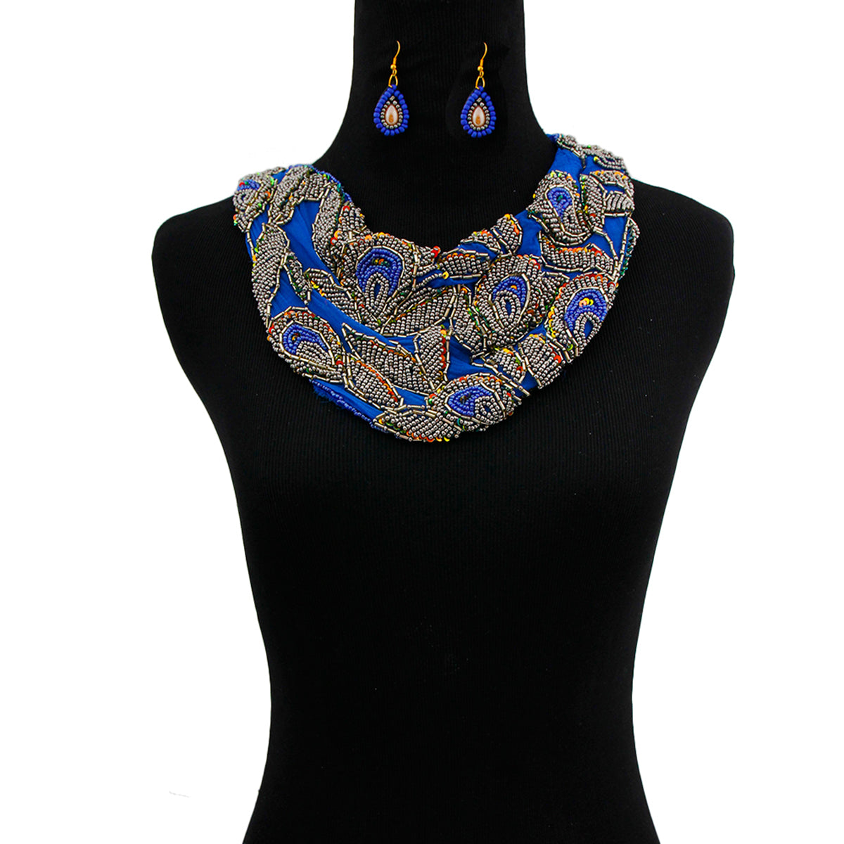 Handmade Blue Chiffon Scarf Necklace Set with Embroidered Beads and Sequins