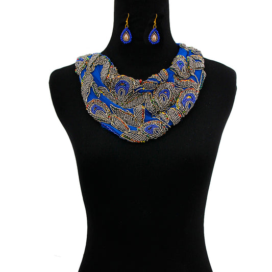 Handmade Blue Chiffon Scarf Necklace Set with Embroidered Beads and Sequins