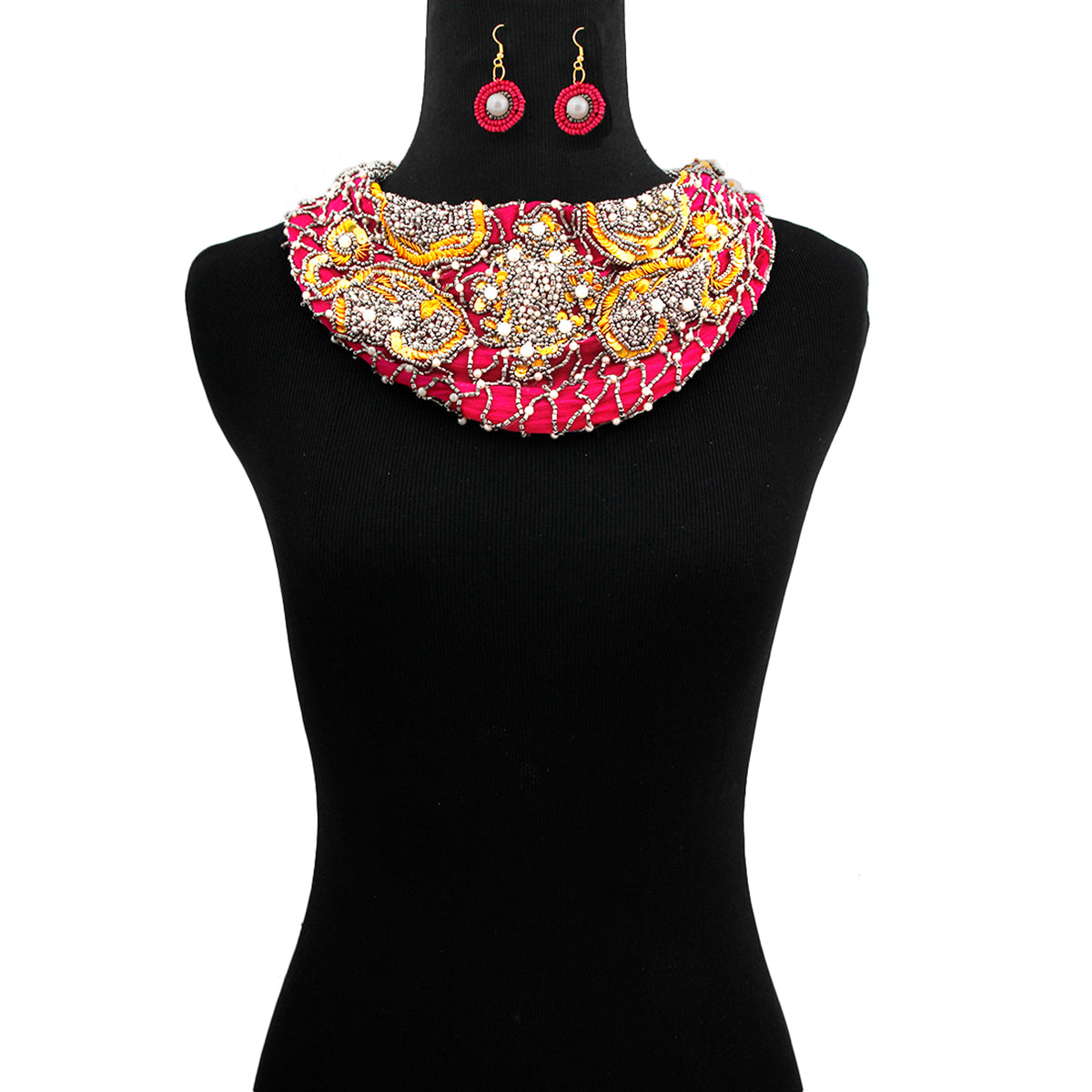 Handmade Fuchsia Chiffon Scarf Necklace Set . Embroidered Sequins Beads and Pearls